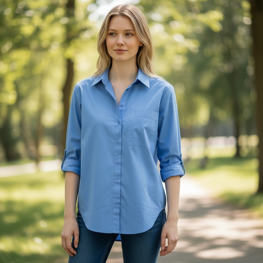 Studio F Button Down Shirt Womens Small Blue Long Sleeve Roll Tab Excellent